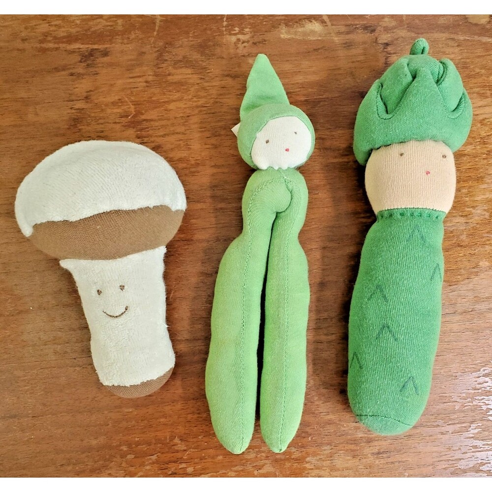 Under the Nile Plush Toy Lot 3 Veggies Peas Asparagus Mushroom Organic Cotton